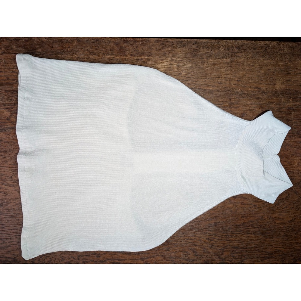 Y2K Cache Beaded Halter Top S White Open Back Sequin Gold Knit Excellent Vintage
